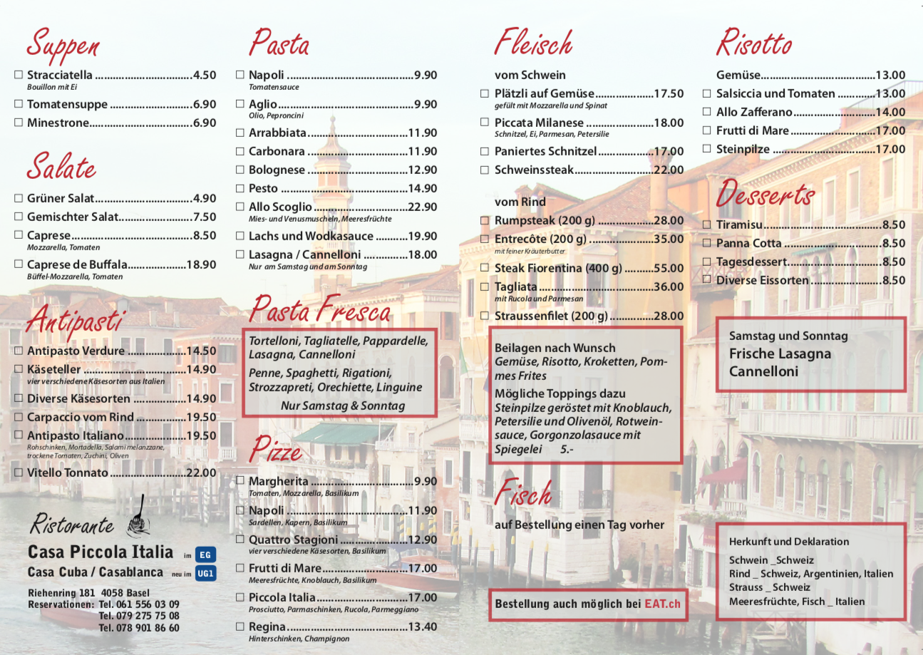 Menu Casa Piccola Italia